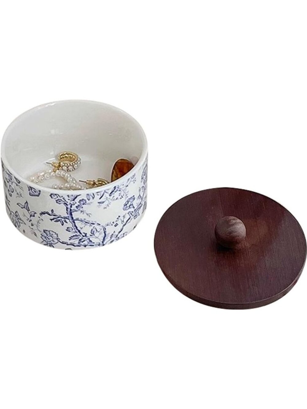 Vintage Floral Ceramic Jewelry Box with Wood Lid - Round Trinket Holder for